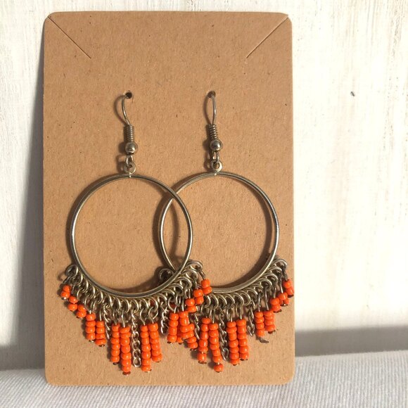 Open Hoop Orange Beaded Dangle Gold Tone Chain Earrings - Picture 2 of 5